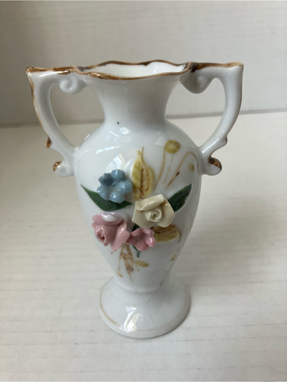 Vintage White Porcelain Two-Handled Mini Bud Vase with 3D Paste Floral Accents